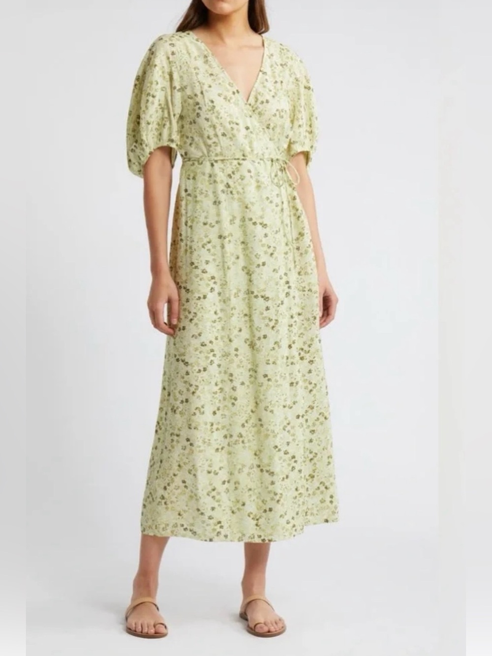 Madewell Puff-Sleeve Wrap Midi Dress in Green Floral Size 2